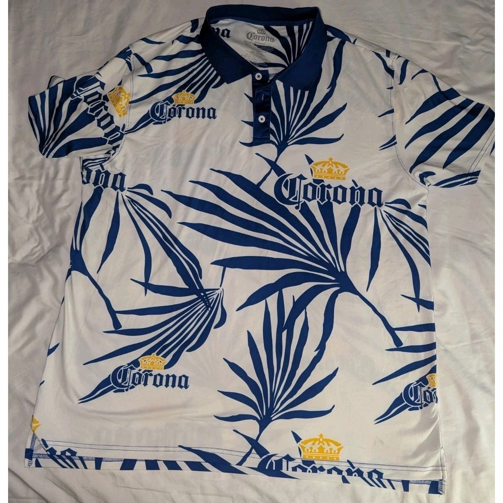 Corona Mens 2XL White And Floral Print Logo Short Sleeve Polo Shirt